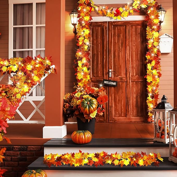 Aneco 2 Pack 5.74 Feet Each Maple Leaves Garlands with 8 Lighting Modes LED String Lights Artificial Maple Leaf Fall Decorations for Home Indoor Outdoor Thanksgiving Halloween Decor, Total 11.5 Feet