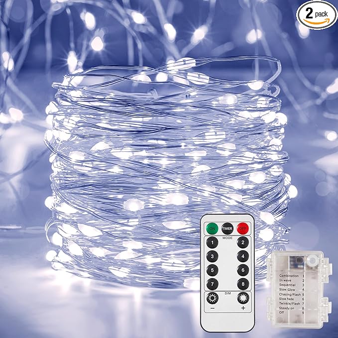 2 Pack 32.8 Ft. Battery Operated Outdoor String Lights with Remote & Timer, LED Cool Whit Fairy Lights, Waterproof Twinkle Lights for Bedroom, Dorm, Mason Jar, Wedding, Party, Christmas