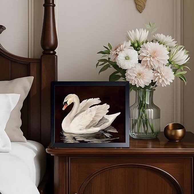 Black Wood Framed Wall Art Canvas Print Home Decor, Vintage Swan Aesthetic Wall Decor Photo, Classical Grace Swan Bathroom Prints Painting for Living Room Bedroom Office Decor 8x10 Inch