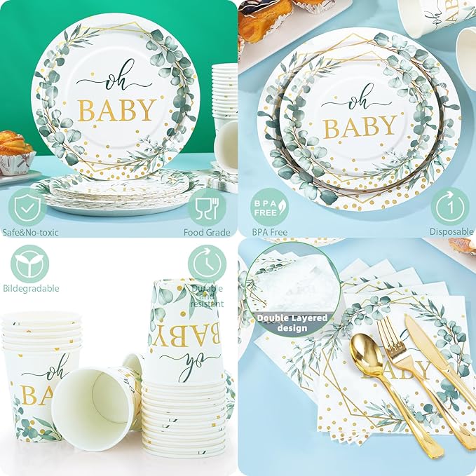 140PCS Sage Green Baby Shower Decorations for Boy, Baby Shower Plates and Cups and Napkins Sets Serves 20, for Eucalyptus Boho Boy Neutral