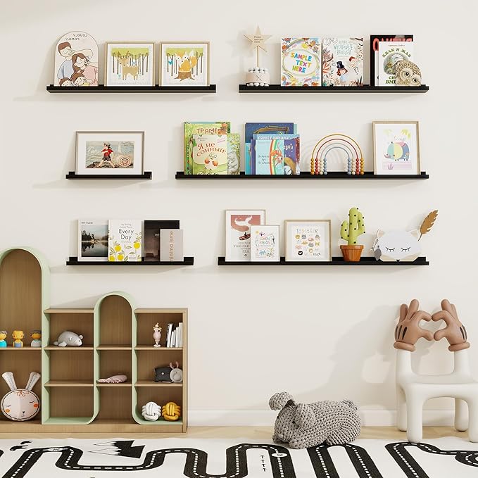 Picture Ledge Shelf, Solid Pine Wood Floating Shelves Set of 2, 40 Inches Nursery Book Shelves for Toys Storage, Kids Bookshelf Wall Mounted for Living Room Bedroom Decor Books Photo Frames, Black