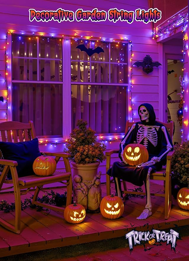 Brightown 2 Pack Halloween Solar String Lights Outdoor, Total 144Ft 400 LED Twinkle Fairy Lights Waterproof with 8 Modes Auto On/Off for Patio Tree Garden Party Home Decorations (Orange&Purple)