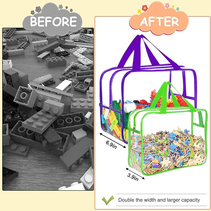 6 Colors Large Toy Storage Bags with Labels, Reusable Clear PVC Board Game Storage, Travel Waterproof Organizer Bags with Zipper for Building Blocks, Puzzle, Kids Books(3 large & 3 Widen X-Large)