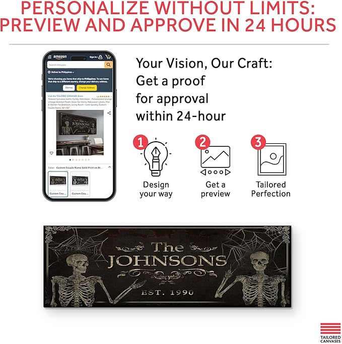 Tailored Canvases Gothic Family Wall Decor - Personalized Grunge Vintage Skeleton Room Decor for Home, Halloween Lovers, Men & Women for Bedroom, Living Room - Goth Spooky, Custom Couple Name, 36"x12"