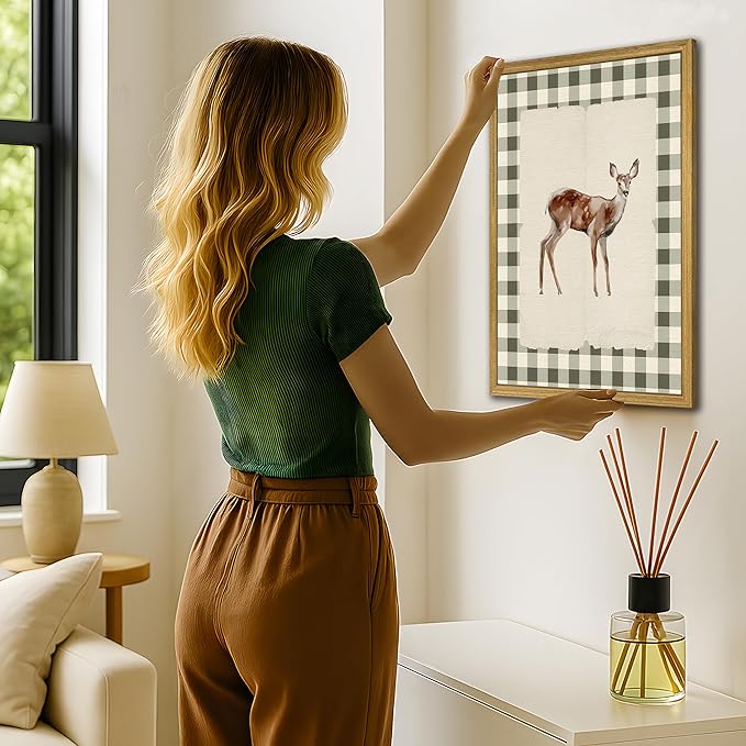 Wood Framed Deer Wall Art Print, Woodland Baby Deer Canvas Poster Wall Decor, Vintage Rustic Green Gingham Farmhouse Animal Picture for Living Room Kitchen Bedroom Nursery Decor, 12x16 inch
