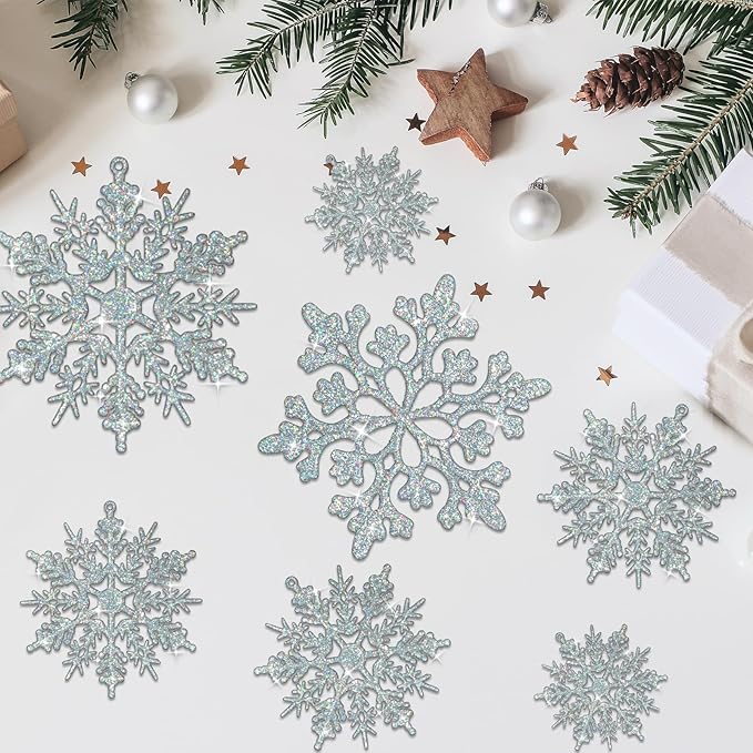 36pcs Iridescent Silver Christmas Snowflake Ornaments, Plastic Sparkling Glitter Hanging Snow Flakes for Christmas Tree Decorations Winter Wonderland Frozen Birthday Party Holiday Home Decor