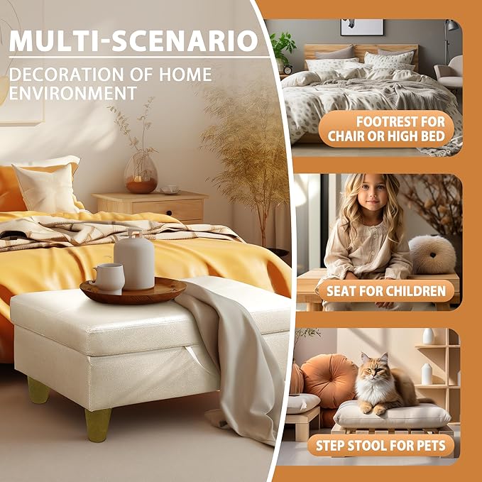 Ottoman Rectangular Storage Ottoman Bench, Faux Leather Footrest, Coffee Table, Stool Footstool with Hinged Lid for Living Room, Bedroom, Entryway, Pearl White, 28.5"x19"x17.5"