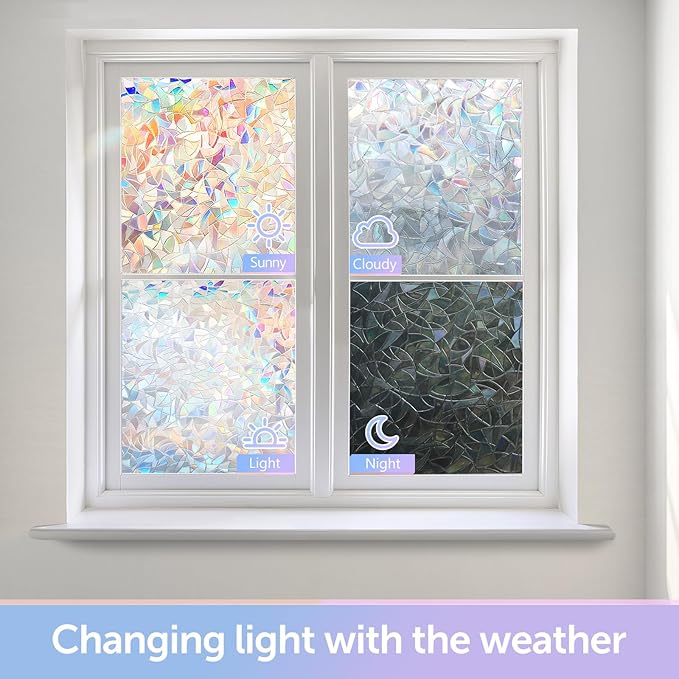 HIDBEA Window Privacy Film Non-Adhesive Static Cling Stained Glass Window Film Rainbow Glass Stickers Reusable Anti UV 3D Decorative Window Film for Home Door, 17.3 x 78.7 Inch
