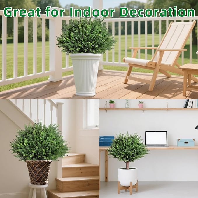 23" Artificial Cedar Topiary Ball Trees ,Set of 2 Outdoor Faux Plants with Ground Spike, UV Resistant Fake Pine Shrubs Bushes for Indoor Front Porch Yard Decorations (Cypres)