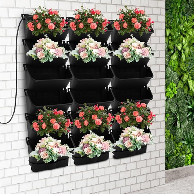 18 Pots Self-Watering Vertical Wall Planter, 39.4โL x 39.4โH Stackable Plastic Wall-Mounted Plant Grow Pots, Wall Hang Garden Planter Outdoor Indoor for Herbs Flowers Strawberries (Black)