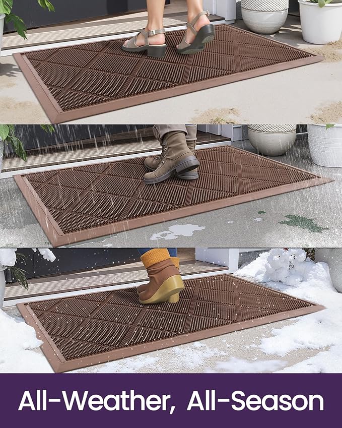 DEXI Front Door Mats Outside Entrance, 17x36 Rubber Waterproof Dirt Trapping Entry Mat for Entryway, Heavy Duty Non-Slip Low-Profile Welcome Doormat All Weather for Patio, Brown