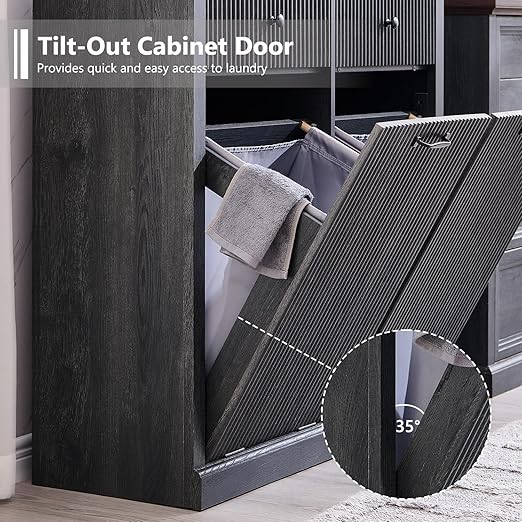 Modern Double Tilt-Out Trash Cabinet, 20 Gallon Fluted Laundry Hamper Cabinet with 2 Drawers, Wooden Hidden Garbage Can Cabinet with Storage Basket, Free Standing for Kitchen & Living Room, Grey
