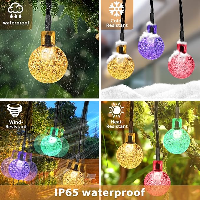 Outdoor Solar String Lights, 46FT 66LED 8Modes Crystal Color Solar Powered Christmas Fairy String Lights for Outside Yard Fence Easter Holiday Party Camping Porch Balcony Decor(Multicolor)
