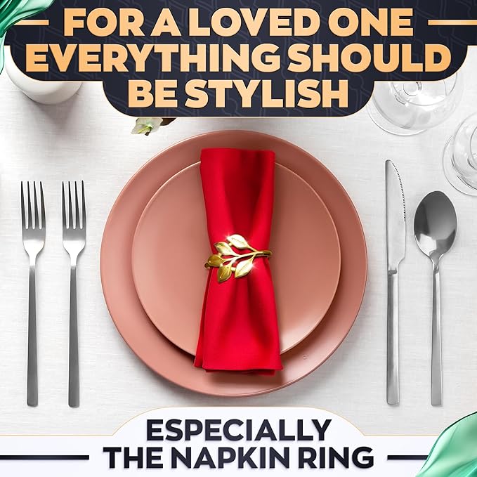 Gold Napkin Rings Set of 12 – Sturdy Metal Napkin Rings, Easy to Clean | Elegant Leaf Design for Table Settings, Holiday Table Decor, Wedding & Festive Dinners, Special Occasions, Grat for Gift Giving