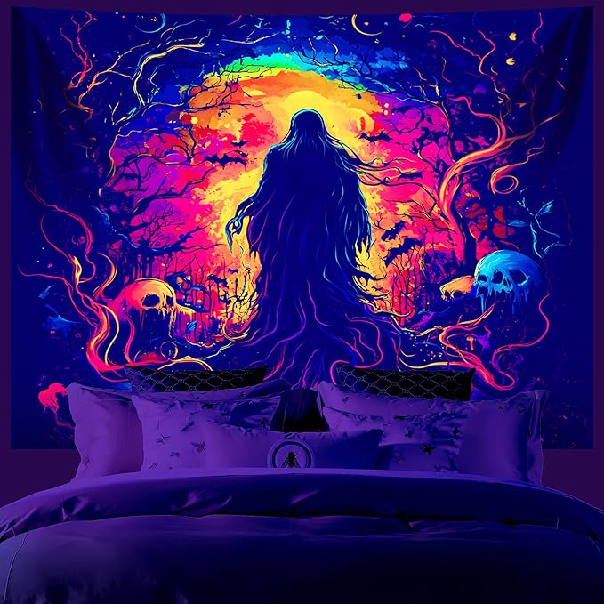 AOHMPT Glow-in-the-Dark Halloween Tapestry - UV Reactive Black Light Wall Hanging Decor for Spooky Parties, Bedroom, Living Room (Shaman, 59" L x 51" W, Unframed)