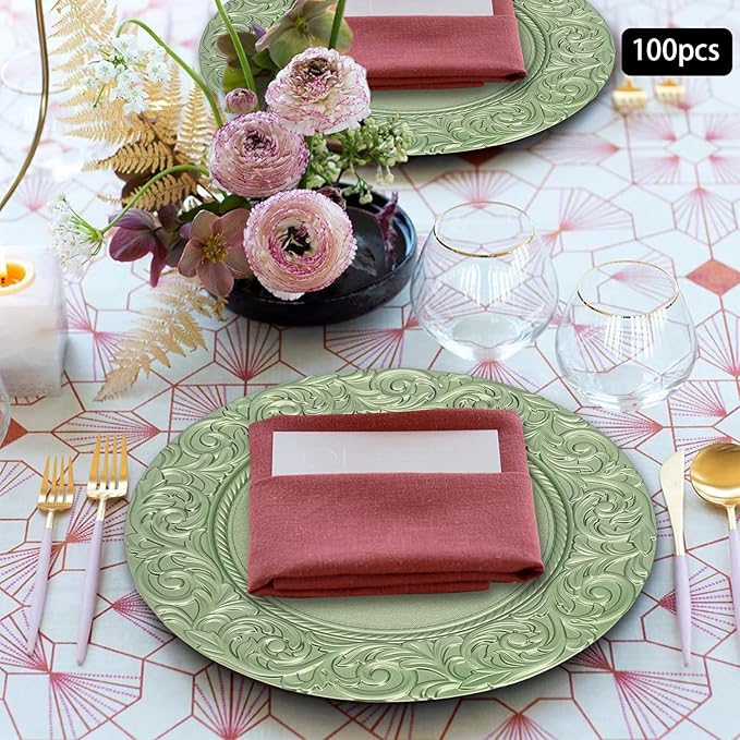 Antique Charger Plates Set 13'' Round Embossed Dinner Plate Chargers Plastic Elegant Floral Plates for Dinner Wedding Party Event Table Kitchen Decoration 100PCS (Green 100Pcs)