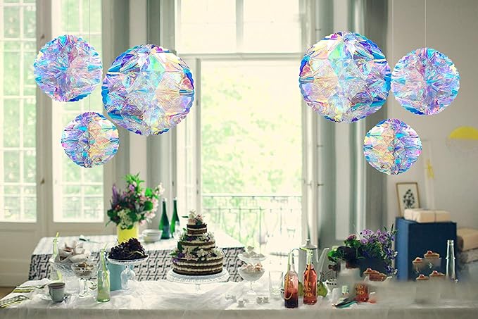 Hanging Decorations Iridescent Honeycomb Ball Foil Ceiling Hanging Flowers for Bridal Shower Wedding Birthday Frozen Theme Party Fairy Princess Rainbow Show Decoration