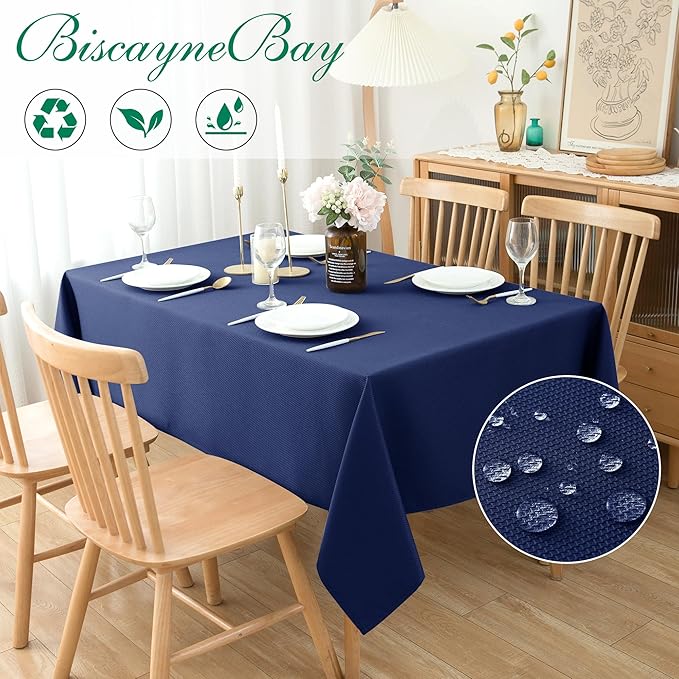 Biscaynebay Textured Fabric Tablecloths 52x70 Inches Rectangular, Navy Water Resistant Tablecloths for Dining, Kitchen, Wedding and Parties etc. Machine Washable