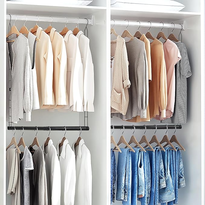 STORAGE MANIAC Hanging Closet Rod, Adjustable Width and Height Closet Hanging Organizer, Space-Saving Clothes Hanging Bar, Closet Extender Hanging Rod Double Closet Hanging Rod, 1 Pack Black