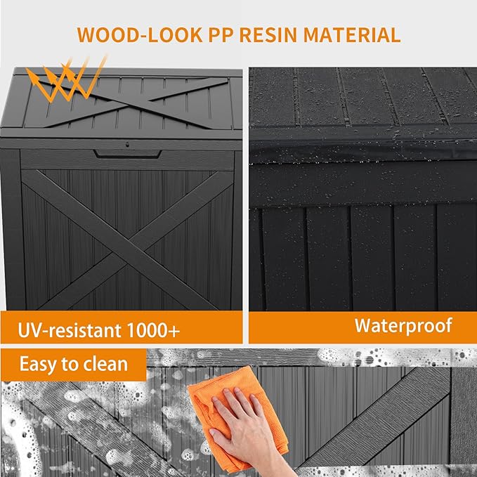 Vixzen 32 Gallon Resin Deck Box - Lockable Outdoor Storage for Patio Cushions, Garden Tools, Pool Supplies,Black