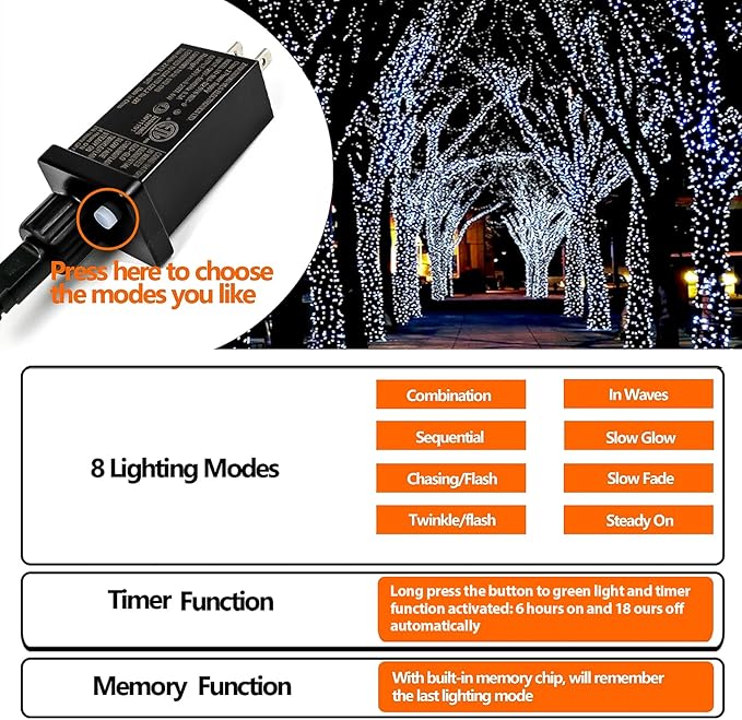 Upgraded 33 FT 100 LED Christmas Lights Outdoor Indoor, Extendable Waterproof White String Lights with Memory Function & Timer & 8 Modes Green Wire for Xmas Tree Holiday Party Garden Decor(Cool White)