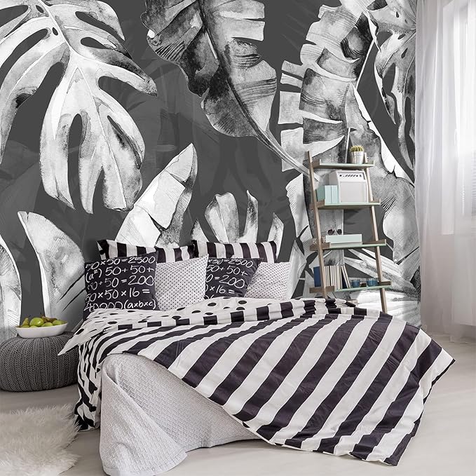 '-Tropical Botanical Grey Banana Leaf Fabric Wallpaper Living Room Bedroom Bathroom Plant Large Wall Mural- 137"x96"( not Peel and Stick)