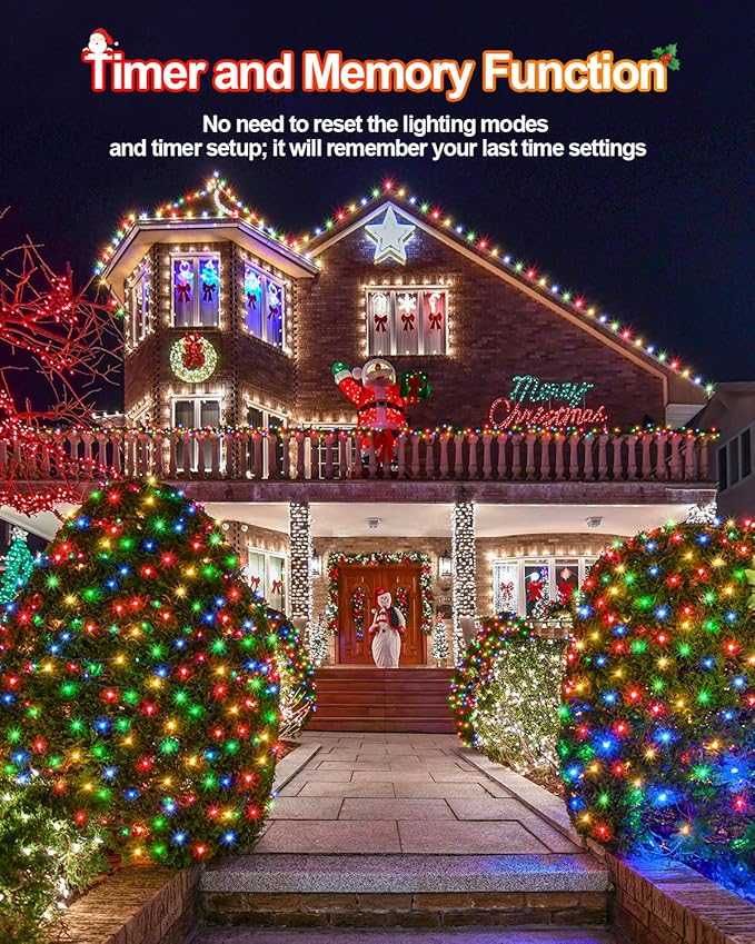 158 FT 480 LED Christmas Tree Lights, String Lights Green Wire with 8 Modes, Timer and Memory, Plug in Outdoor Waterproof Twinkle Lights for Indoor Yard Xmas Holiday, Multicolor