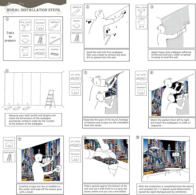 AFZEVEB-Hand-Painted New York City Wallpaper Wall murals for Bathroom 114"x74" (Not Peel and Stick)