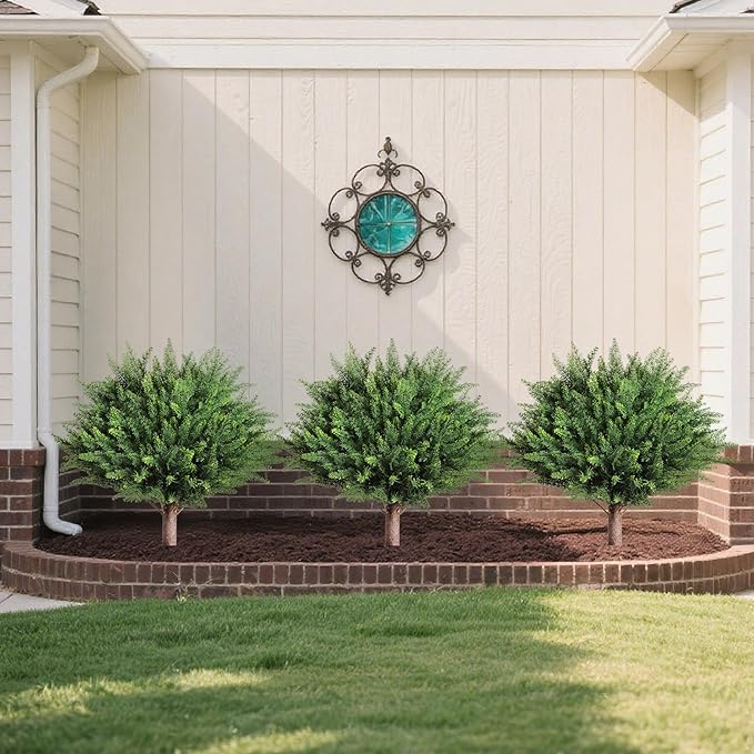 23" Artificial Cedar Topiary Ball Trees ,Set of 2 Outdoor Faux Plants with Ground Spike, UV Resistant Fake Pine Shrubs Bushes for Indoor Front Porch Yard Decorations (Cypres)