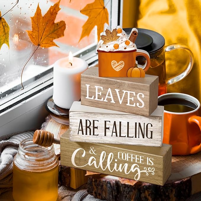 4 Pcs Fall Decorations for Home Thanksgiving Tiered Tray Decor Fall Tabletop Decor Thanksgiving Centerpiece Rustic Wood Hot Cocoa Cup Block Sign for Autumn Table Mantel Decorations