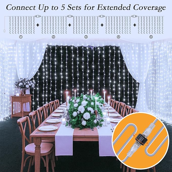 200 LED Curtain String Lights 9.8 * 6.6FT Plug in Fairy with Timer and 8 Modes, Waterproof Window Wall Lights for Bedroom Wedding Party Indoor Outdoor Christmas Decor