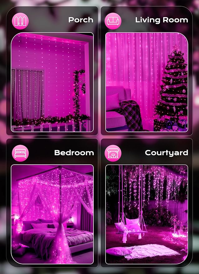 Brightown 300 LED Fairy Curtain Lights, 9.8ft x 9.8ft Curtain String Lights, USB Plug in 8 Lighting Modes LED Christmas String Hanging Lights with Remote for Bedroom Indoor Outdoor Weddings Party Xmas