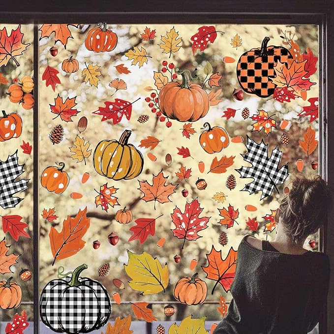 8 Sheets Fall Decorations, 178 Pcs Fall Window Clings, Double Sided Autumn Stickers with Maple Leaves Pumpkin Nuts Pine Cones for Party Thanksgiving Decor Indoor Outdoor Accessories