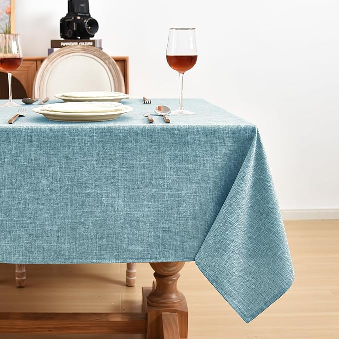 Fitable Faux Linen Tablecloths 60 x 84 Inch - 2 Pack Waterproof Table Clothes for Rectangle Foot Tables, Turquoise Flax Look Kitchen Table Covers for Farmhouse, Dining, Party, Outdoor Picnic