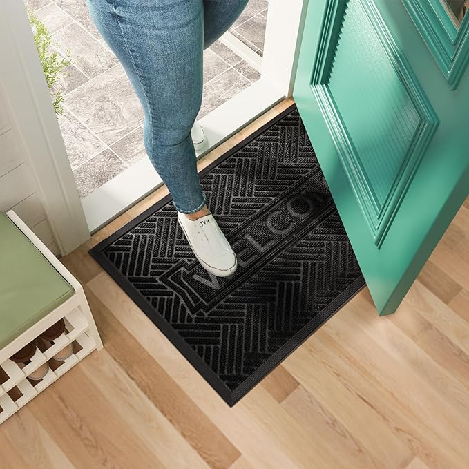 Mibao Front Door Mat Outside Entrance, Durable Outdoor Indoor Mat, Low Profile Heavy Duty Doormat, Non-Slip, Traps Dirt and Moisture, Easy Clean Patio Porch Entryway Mat, 36" x 24", Black