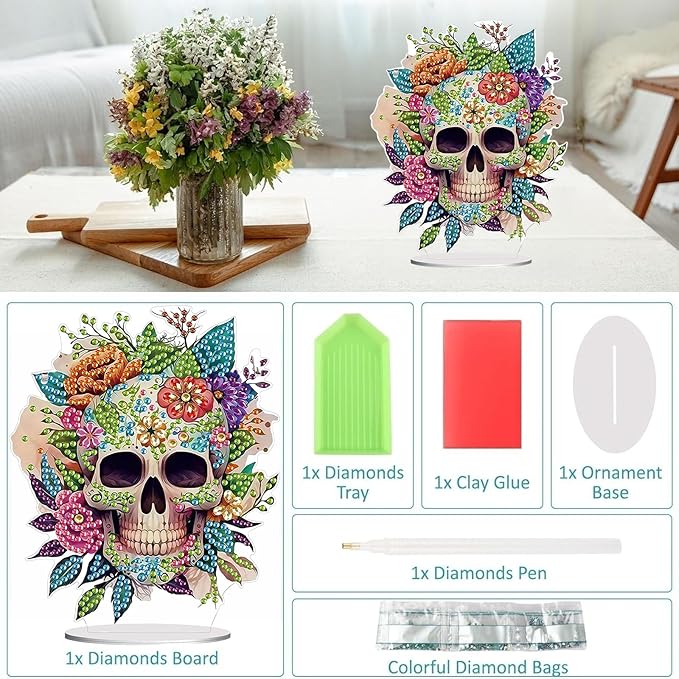 Diamond Painting Kits for Adults Beginners, 5D Full Drill Skull Crystal Art Desktop Ornament, DIY Single Sided Home Office Desk Decor, Creative Craft Gift Set with Tools