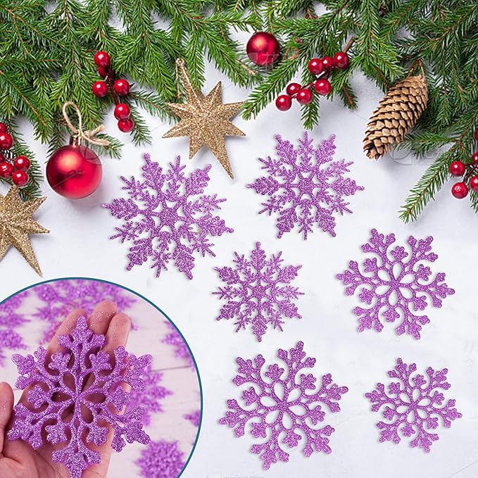 36pcs Christmas Light Purple Snowflake Ornaments,Plastic Light Purple Snow Flakes Hanging Ornaments for Christmas Tree Decor Winter Wonderland Frozen Birthday Party Holiday Home Decor Craft Snowflake