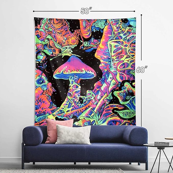 ADDWel Blacklight Mushroom Tapestry, Fantastic Upright Tapestry Glow In The Dark, UV Reactive Black Light Tapestries Posters Wall Hanging for Backdrop Bedroom Dorm Living Room Decor(50"x60")