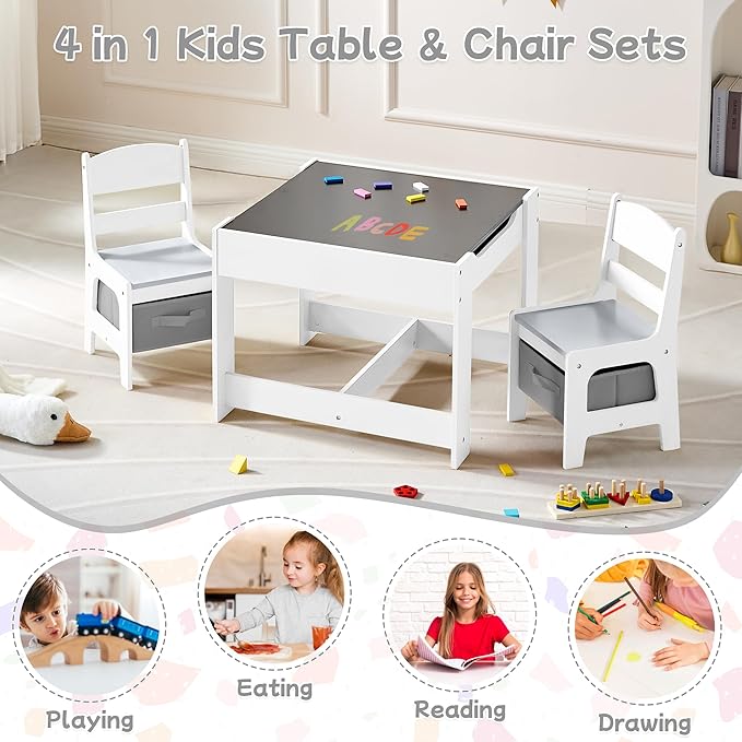 Kids Table and Chair Set, 3 in 1 Wooden Activity Table with Detachable Tabletop, Toddler Table and Chair Set with Storage Drawer, Kids Play Table for Children Art, Craft, Eating, Learning