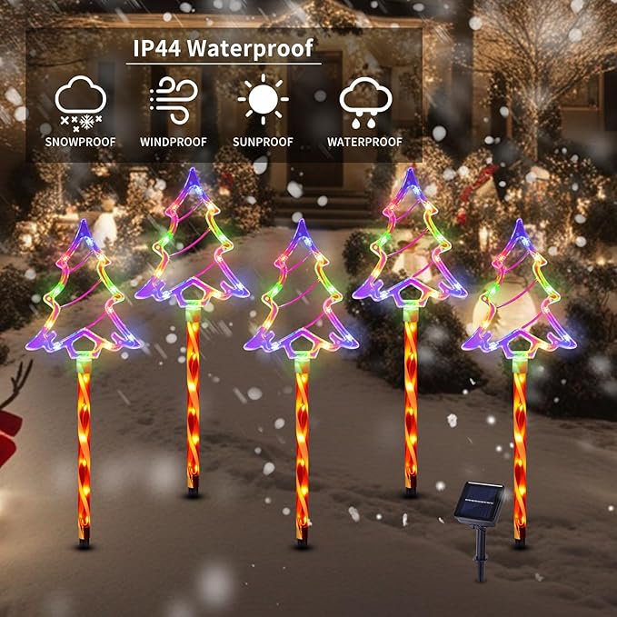 Christmas Solar Pathway Lights Outdoor Decorations, 8 Modes Xmas Tree Candy Lights Waterproof Led Garden Stake Light for Walkway Yard Lawn Porch Holiday Decor 5-Pack (Multicolor Tree, 5 Pack)