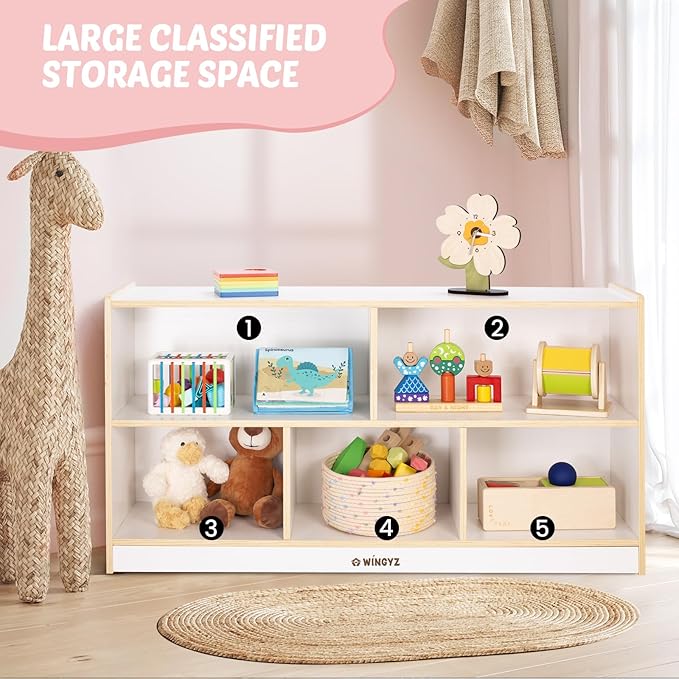 Toy Storage Organizer for Kids, 5-Compartment Wooden Storage Cabinet, Children Bookcase and Montessori Bookshelf, Book Shelf for Kids Room, Playroom, Living Room, Nursery, Classroom 24'' H(White)