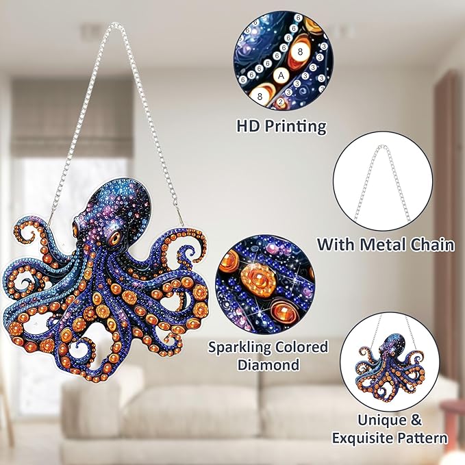 SENQAO Octopus Diamond Art Hanging Kit for Adult, Special Shaped Rhinestone, Double Sided DIY Acrylic Diamond Art Painting Window Pendants Home Garden Wall Hanging Kits Hanging Ornament