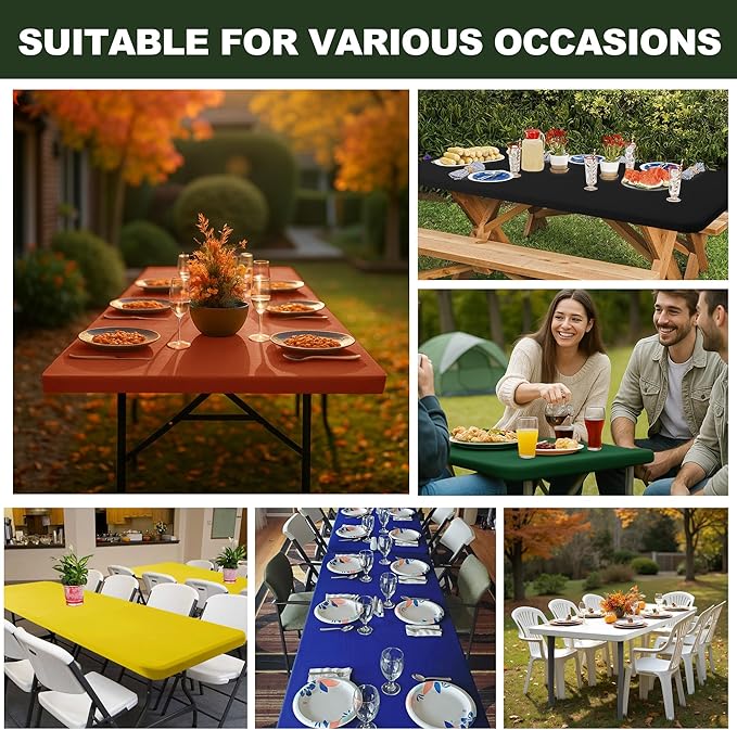 Fitted Tablecloth for 8 Foot Rectangle Tables-6 Pack Hunter Green Elastic Outdoor Picnic Table Cover-Spandex Stretch Folding Table Cloths 8ft for Camping Dining Patio Kitchen Banquet Party