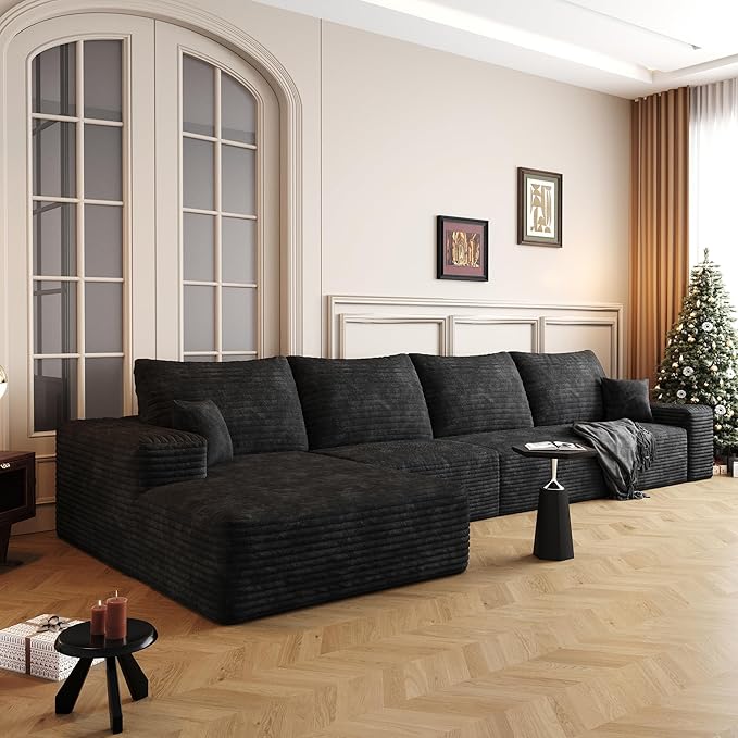 136" Sectional Couches for Living Room Modern Modular Sofa with L-Shape Couchs Upholstered Boneless Couch Deep Seat Sectional Couch with Chaise (Black, Left Facing Chaise+3Seaters)