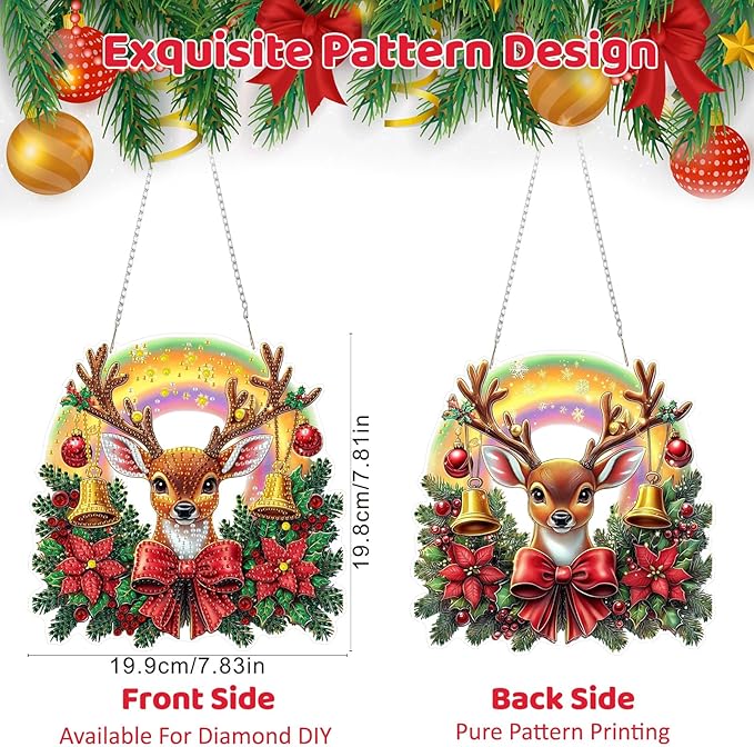 MEIYUDA Christmas Hanging Diamond Art Kits for Adult, Deer Diamond Painting Hanging Kits Ornaments, DIY Special Shaped Rhinestone Window Pendants kit for Home Garden Wall Decor Gift