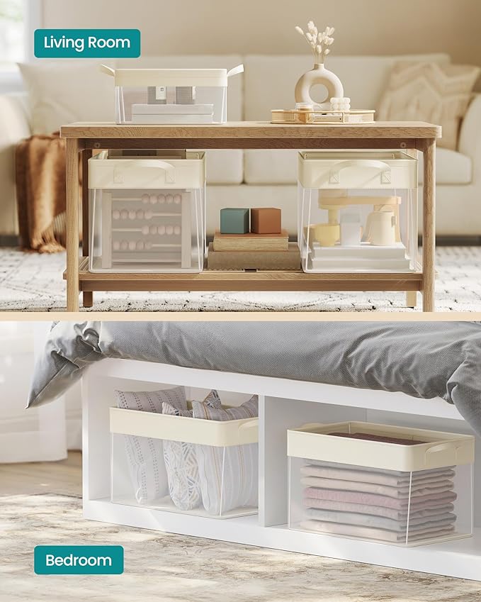 SONGMICS Storage Bins Set of 3, Large Fabric Storage Baskets, Foldable Organizer with Transparent Nylon Mesh, 19.7 x 11.8 x 11.8 Inches, Handles, for Bedroom, Living Room, Cream White URFB950W01