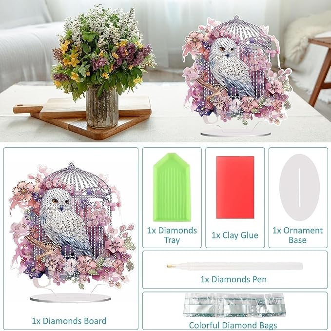 Diamond Painting Kits for Adults Beginners, 5D Full Drill Owl Crystal Art Desktop Ornament, DIY Single Sided Home Office Desk Decor, Creative Craft Gift Set with Tools