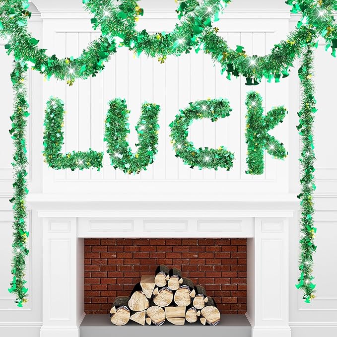 33 FT St Patricks Day Garland with Gold Green Shamrock Hat Tinsel Garland,Shiny Metallic Garlands St Patricks Day Decor for Home Indoor Outdoor St Patricks Party Supplies