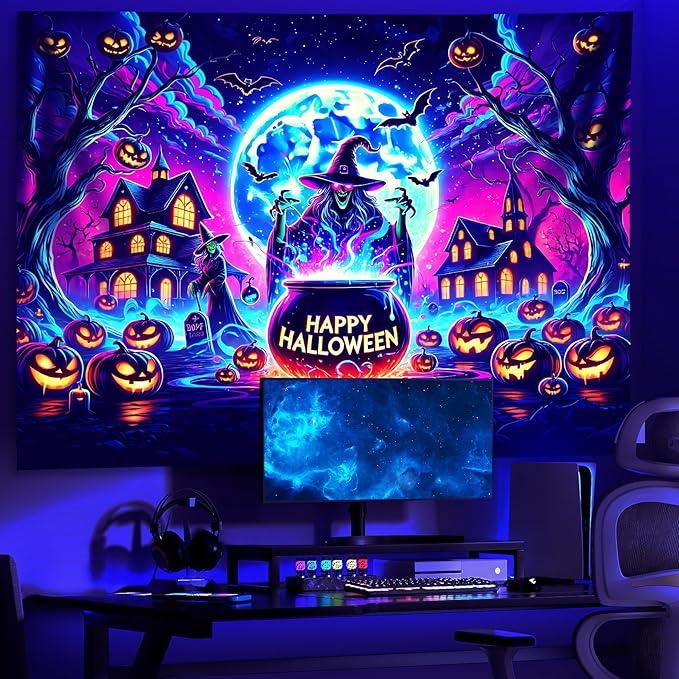 AOHMPT Glow-in-the-Dark Halloween Tapestry - UV Reactive Black Light Wall Hanging Decor for Spooky Parties, Bedroom, Living Room (Witch-Haunted House, 79L x 59W, Unframed)