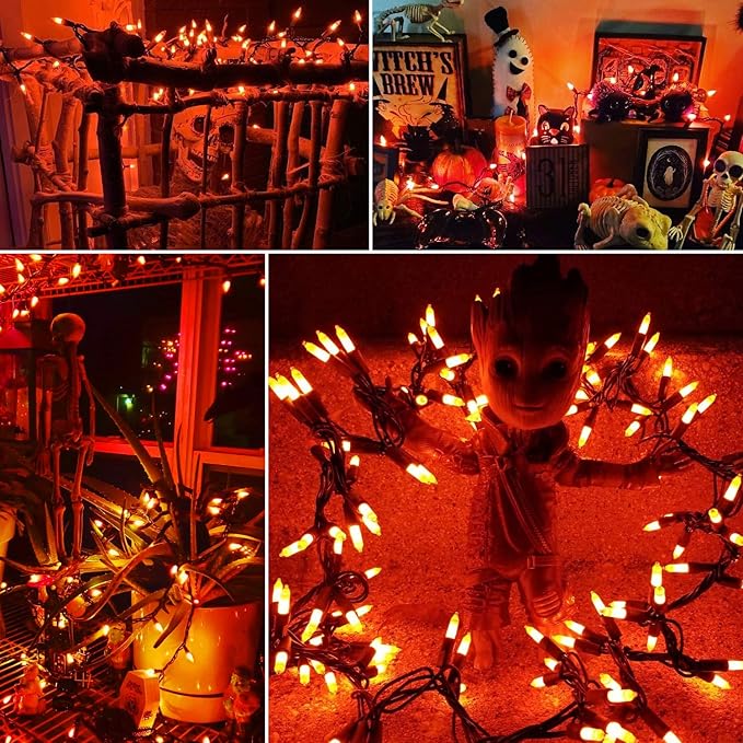 Brizled Orange Halloween Lights, 42.6ft 200 Count Incandescent Halloween String Lights Connectable, UL Certified Black Wire Mini Orange Lights String for Indoor Outdoor Tree Patio Garden Party Decor